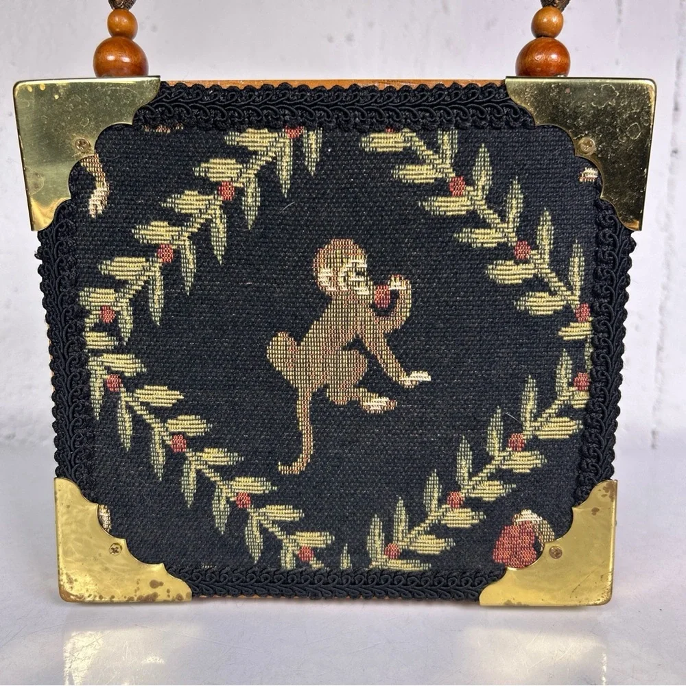 Women’s Wooden Cigar Box Purse Beaded Handle Fabric Monkey Print - Picture 2 of 10